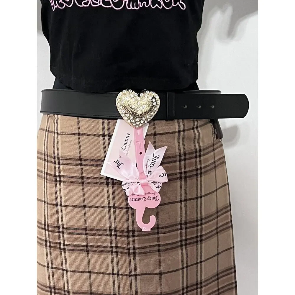 Juicy Couture Black Belt Gold Heart Buckle L/XL NWT Bling Y2K Style Rhinestones